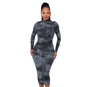 NWOT J.OUR Dress S Grey Tie-Dye Ribbed Raw-Hem Maxi Midi Long-Sl Stretch-Spandex